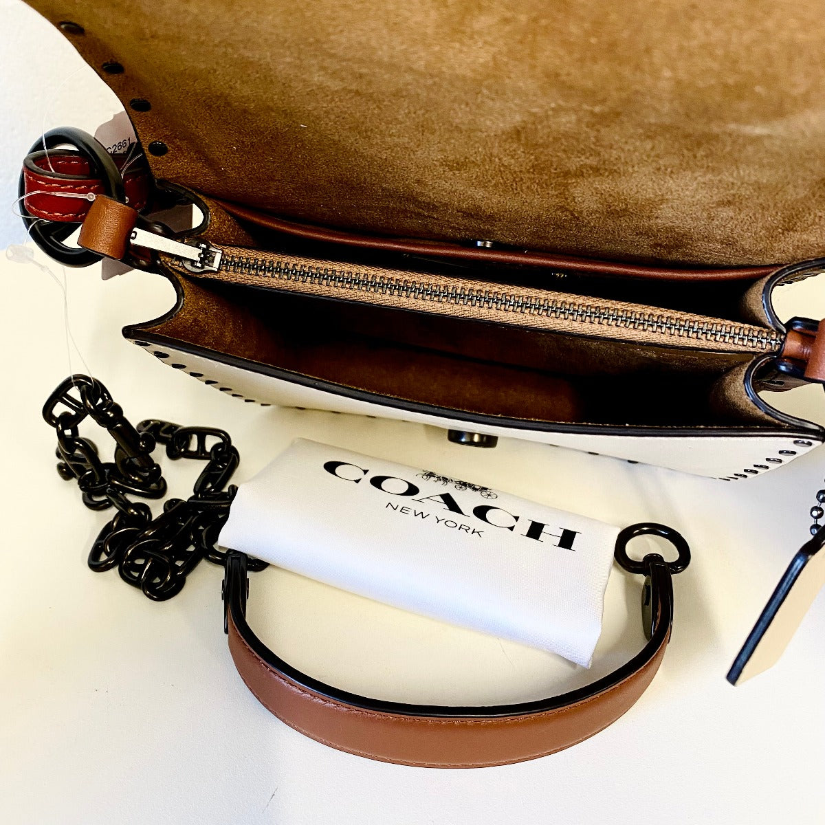 Coach C2661 Beat Shoulder Bag 18 In Colorblock With Rivets In Red Sand Ivory Multi Coach C2661 Beat Shoulder Bag 18 In Colorblock With Rivets In Red Sand Ivory Multi
